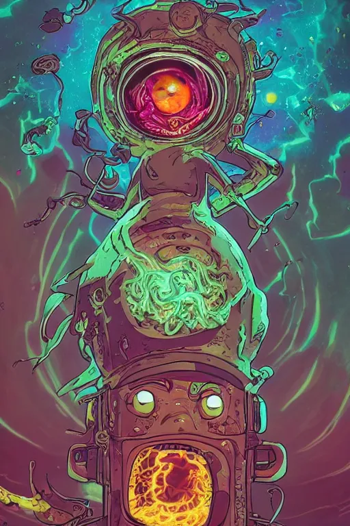 Prompt: rick and morty fused with a lovecraft fat space zombie wearing a exploding wig and a pirate patch, laser eye, photo, portrait, 3d, high details, intricate details, by vincent di fate, artgerm julie bell beeple, 90s, Smooth gradients, octane render, 8k, volumetric lightning, High contrast, duo tone, depth of field, very coherent symmetrical artwork