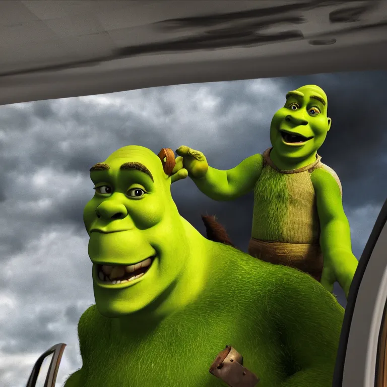 Image similar to Shrek living in a van with long hair , cinematic lighting, photorealistic image, 8k, ultra detailed, high resolution,