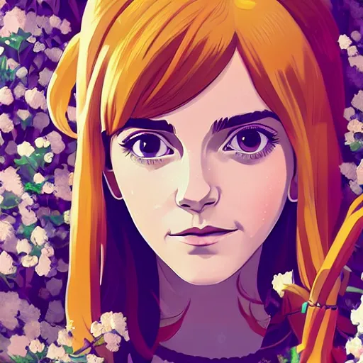 Image similar to portrait of Emma Watson as Hermione, dressed as Cleopatra, field of flowers background, rich vivid colors, ambient lighting, dynamic lighting, 4k, HQ, anime key visual, makoto shinkai, ilya kuvshinov, lois van baarle, rossdraws, detailed, trending on artstation