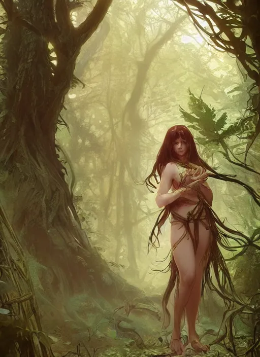 Image similar to a beautiful cute young demon princess in a forest, D&D, fantasy, intricate, cinematic lighting, highly detailed, digital painting, artstation, concept art, smooth, sharp focus, illustration, art by Terry Moore and Greg Rutkowski and Alphonse Mucha