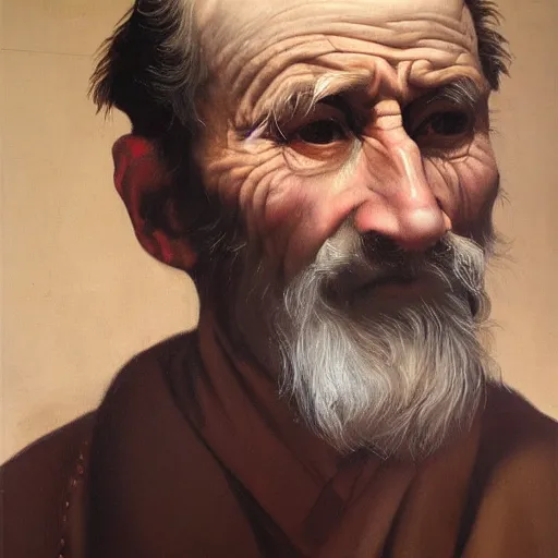 Image similar to detailing character concept portrait of old man by Caravaggio, on simple background, oil painting, middle close up composition