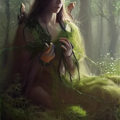 Prompt: Portrait elven witch lady druid wood woad branch moss plants, 4k oil on linen by wlop, artgerm, andrei riabovitchev, nuri iyem, james gurney, james jean, greg rutkowski, highly detailed, soft lighting 8k resolution