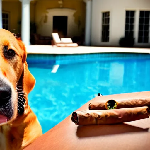 Image similar to a very detailed photo of a dog smoking a cigar outside the mansion by the pool