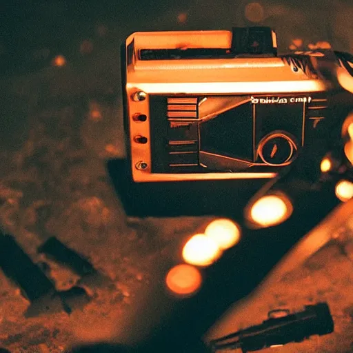 Prompt: augmented human repairing weapon made from old scratched sony walkman, dark messy smoke - filled cluttered workshop, dark, dramatic lighting, orange tint, cinematic, highly detailed, sci - fi, futuristic, movie still from blade runner