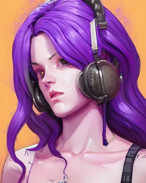 Image similar to beautiful female purple hair tattoo symmetrical face eyes headset twitch streamer full length fantasy art apex fortnite Video game icon, 2d game art gta5 cover , official fanart behance hd artstation by Jesper Ejsing, by RHADS, Makoto Shinkai and Lois van baarle, ilya kuvshinov, rossdraws