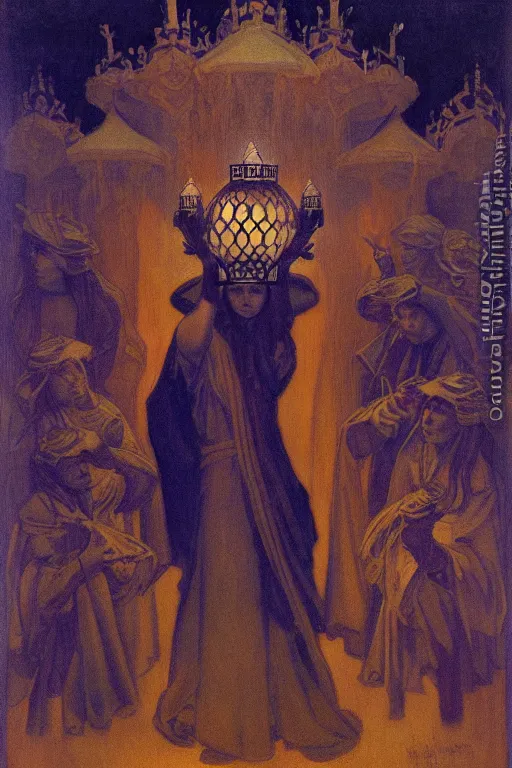 Prompt: child of darkness with their crown and lantern, by Nicholas Roerich and Annie Swynnerton and and jean delville, dramatic cinematic lighting , ornate headdress , flowing robes, sacred artifacts, lost civilizations, smooth, sharp focus, extremely detailed