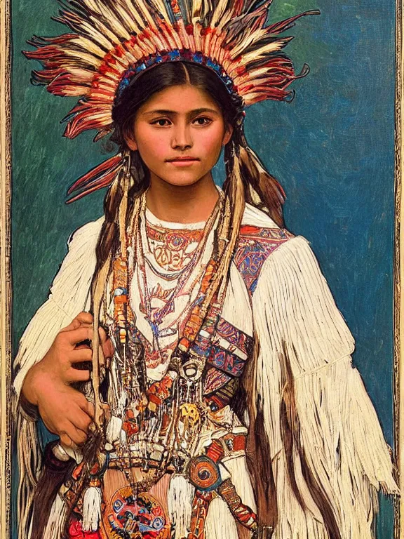 Image similar to an art nouveau painting of a pretty young native mayan woman dressed in a traditional, modest coat of beads and feathers and an elaborate headdress, in front of an aztec calendar, intricate, detailed, smooth, complex, elaborate, by alphonse mucha and james gurney and john william waterhouse