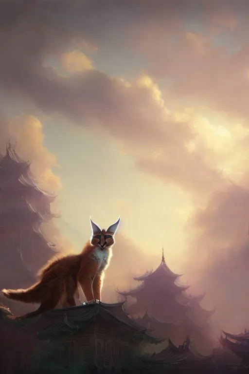 Image similar to cute fluffy caracal flying up on the victorian city, extremely detailed digital painting, in the style of fenghua zhong and ruan jia and jeremy lipking and peter mohrbacher, mystical colors, rim light, beautiful lighting, 8 k, stunning scene, raytracing, octane, trending on artstation