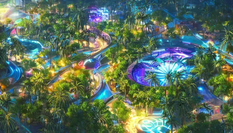 Prompt: Ecological city with neon lights built in the heart of a tropical island, hyperdetailed, artstation, cgsociety, 8k