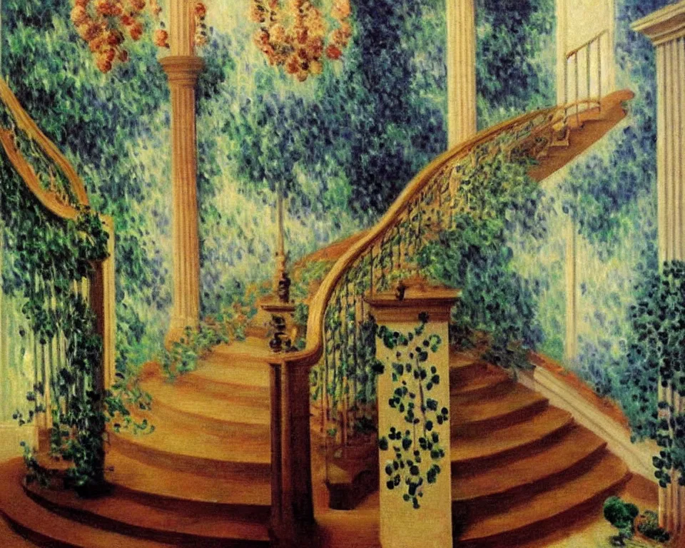 Prompt: achingly beautiful painting of a sophisticated, well - decorated, modern staircase by rene magritte, monet, and turner.