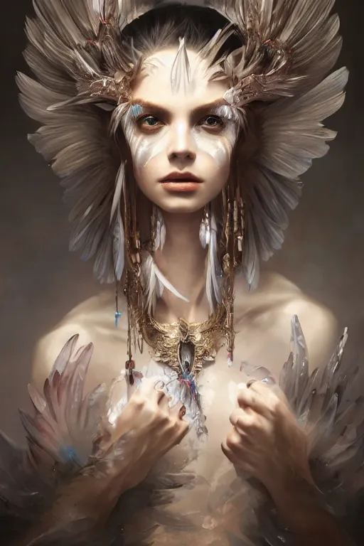 Image similar to beautiful model wearing icel white feathers, diamonds, jewelry, angel, fantasy, dramatic lighting, highly detailed, digital painting, holding electricity, magic the gathering, hyper detailed, 3 d render, hyper realistic detailed portrait, peter mohrbacher, wlop, ruan jia