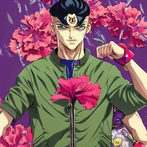 Image similar to handsome boxer, punching, wearing jacket, bodybuilder posing, portrait surrounded by hibiscus flowers, jojo cover art, jojo anime style, david production, style of vento aureo cover art, style of stone ocean cover art, style of steel ball run cover art, style of jojolion cover art, ilya kuvshinov style, illustrated by hirohiko araki