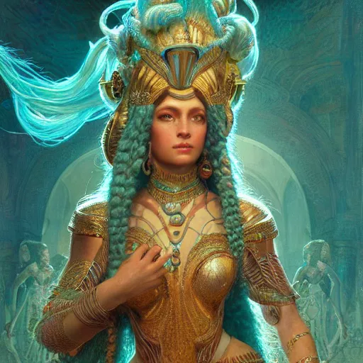 Image similar to octane render, artstation, 8 k, intricate detail, hyper detail, portrait by gaston bussiere, greg rutkowski, sandro botticelli, tan lady of elche egyptian sumerian techno mystic goddess princess intergalactica inanna with aqua neon rapunzel dreadlocks,