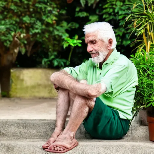 Image similar to mid white hair old man with green shirt and white short, sitting in ile de re house garden