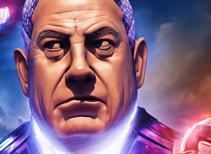 Image similar to benjamin netanyahu as thanos from avengers endgame, 8 k, bluray, screenshot