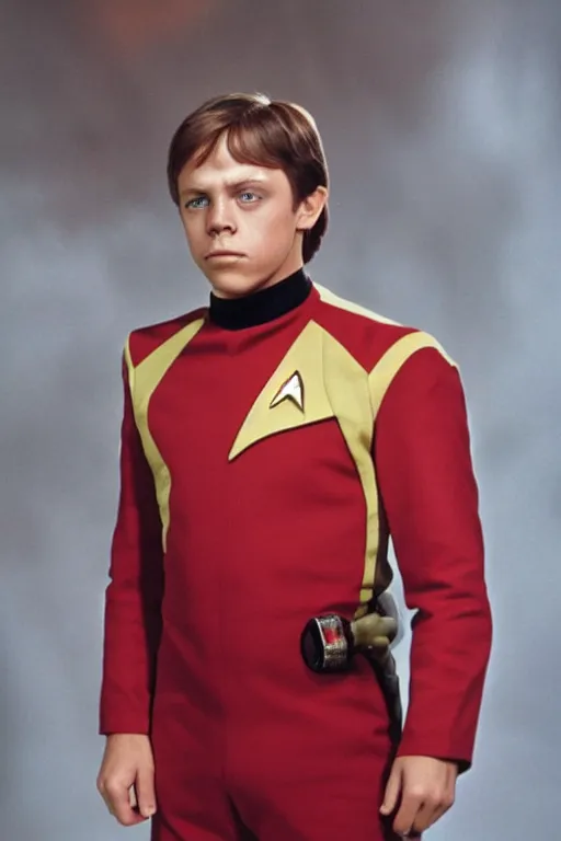 Prompt: photorealistic!! young adult mark hamill as a star trek captain, red starfleet uniform, film quality