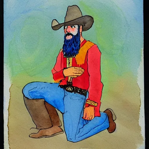 Prompt: bearded cowboy kneeling for prayer, persian folkore illustration, watercolor, wearing cowboy hat