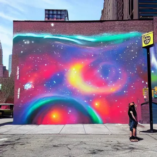 Image similar to a galactic spray painted mural in new york painted by artist outer source