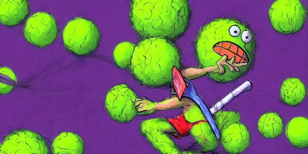 Image similar to tennis ball monster playing on a tennis court, tennis net, tennis stadium, purple, digital art, fantasy, magic, chalk, chalked, trending on artstation, ultra detailed, detailed, fine details, professional illustration by basil gogos