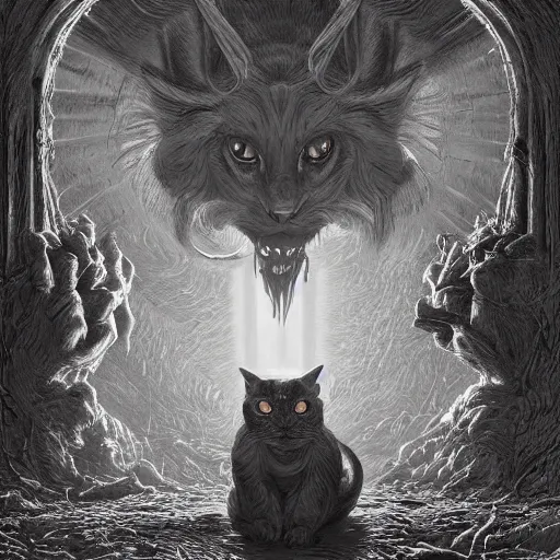 Image similar to photorealistic demonic cat in the style of michael whelan and gustave dore. hyperdetailed photorealism by greg rutkowski. 1 0 8 megapixels, 3 d finalrender, cinematic lighting