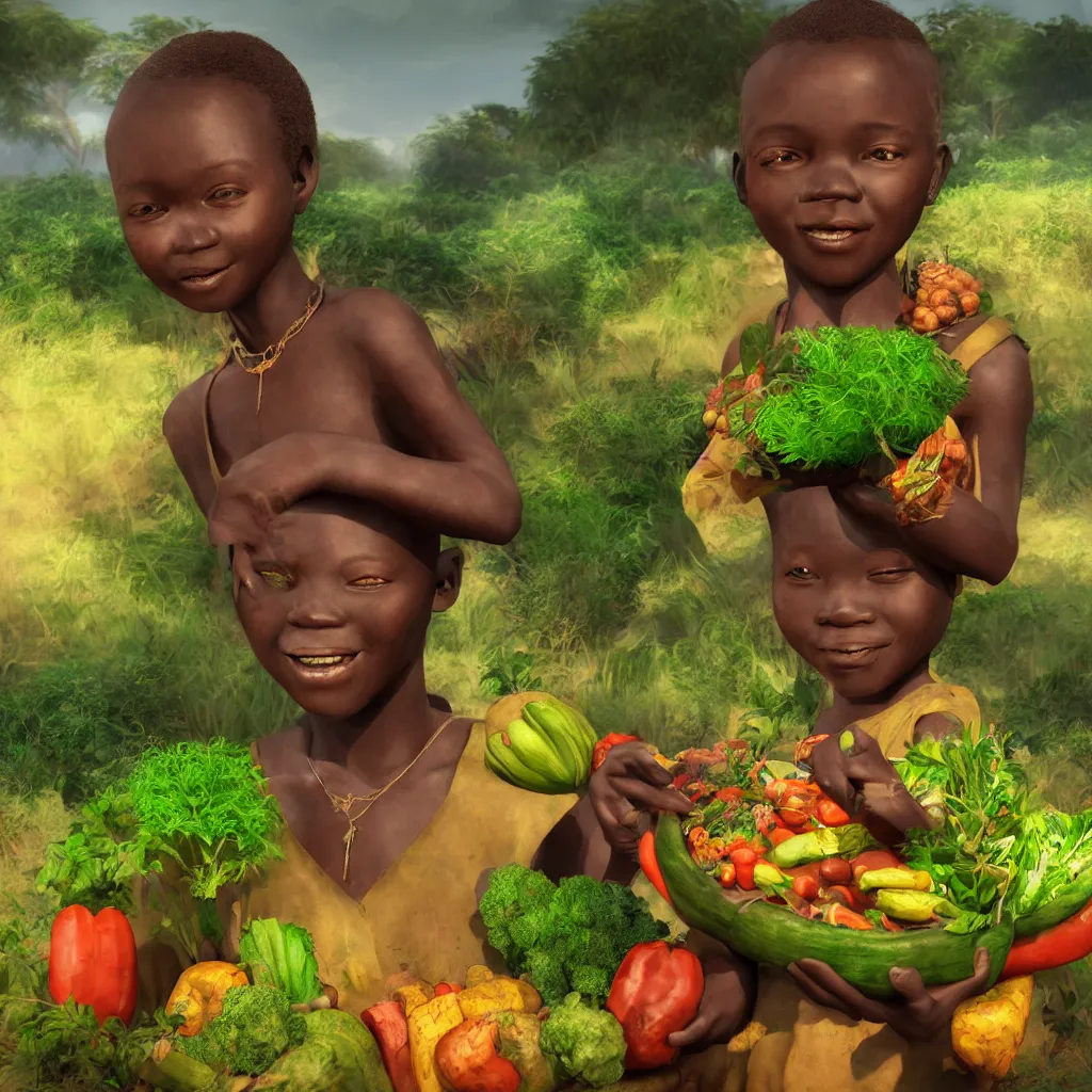 Image similar to Portrait of a Happy African child carrying vegetables in landscape with farm vegetables growing, intricate African jewelry rainbow warrior semi realistic comic, octane render, semi realistic comic art Dr Zeus, happy concept art Akitipe studios, cinematic volumetric lighting, ethereal divine details, Leonardo DaVinci detail A harmonious integration+8k