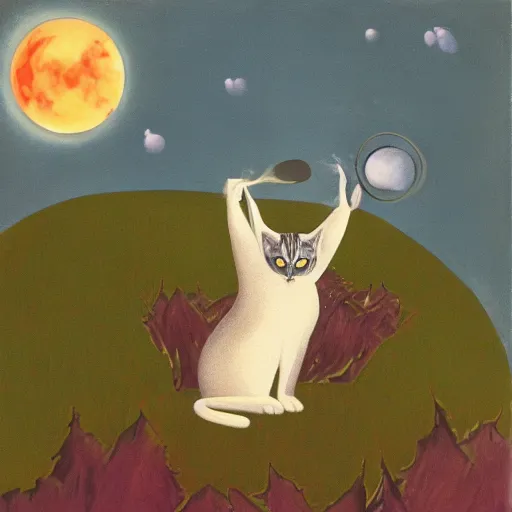 Prompt: surrealist painting of a cat with a thousand voices rising above a forest lit by moonlight screaming
