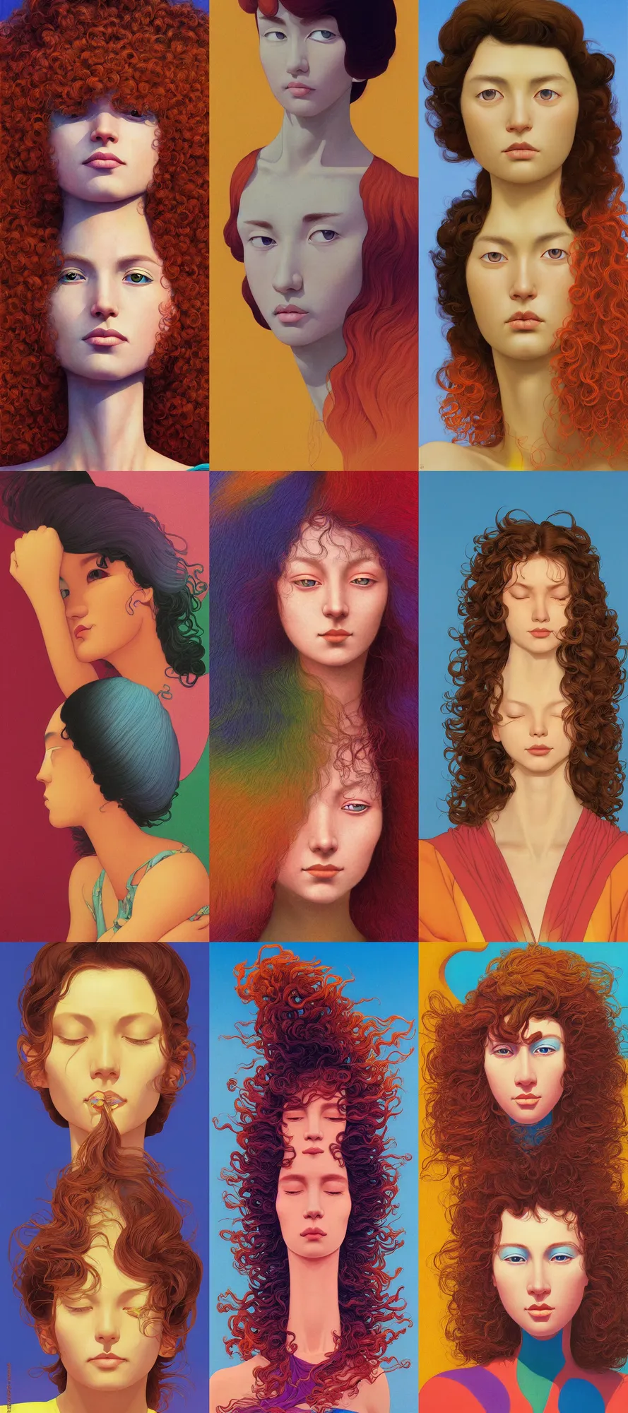 Prompt: a colorful vibrant closeup portrait of a simple caucasian woman with curly mid length brown hair with a calm aesthetic face and eye shadow and dreaming psychedelic hair, by kawase hasui, moebius, edward hopper and james gilleard, zdzislaw beksinski, steven outram colorful flat surreal design, hd, 8 k, artstation