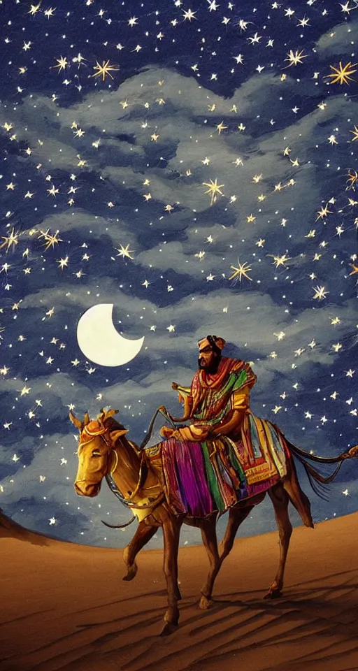 Prompt: an arabian merchant drives his caravan through the desert at night, moon and stars in night sky, stunning, detailed art