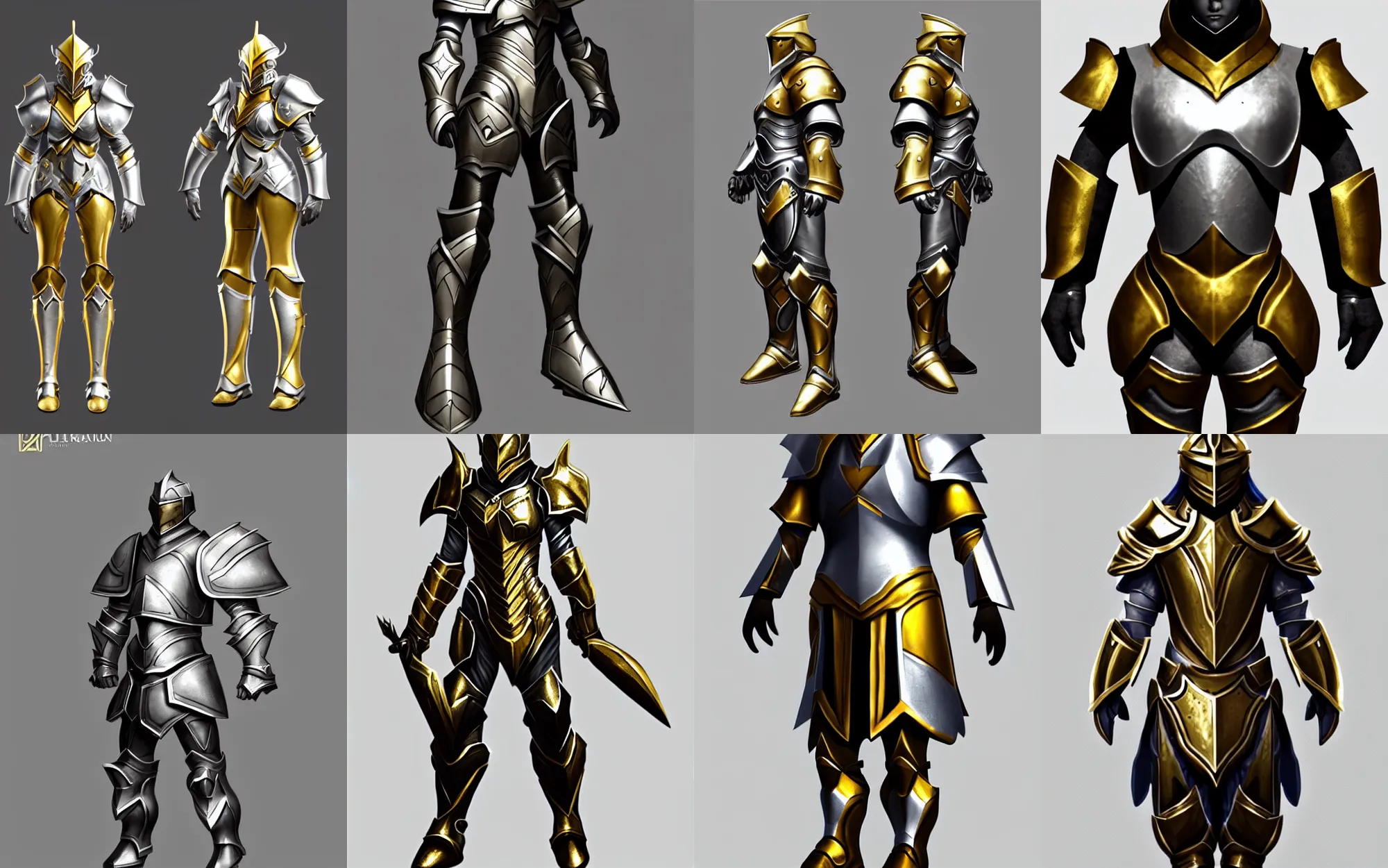 Prompt: paladin armor, stunning character art, silver armor with gold trim, trending on artstation, extremely clean, high quality, exaggerated proportions, very professional