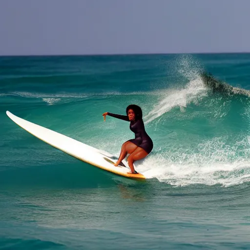 Prompt: oprah winfrey surfing in the ocean, photograph portrait, 4 k high definition photography