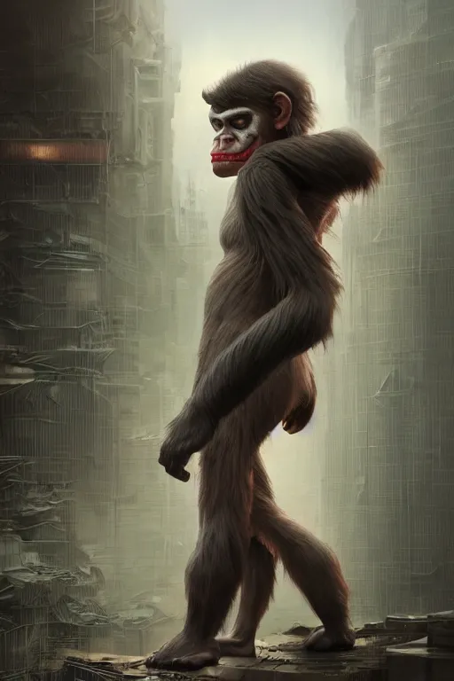 Prompt: miniature joker ape kid, realistic and ultra intricate detailed soft painting, volumetric lighting, mist, cityscape background, Artstation, Tom Bagshaw Yasushi Nirasawa Moebius artstyle, unreal render, depth of field,