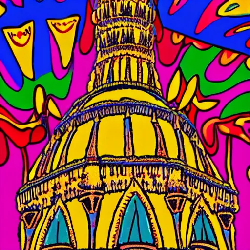 Image similar to psychedelic mole antonelliana in the style of robert crumb, with hallucinogenic mushrooms in the background, vivid colours