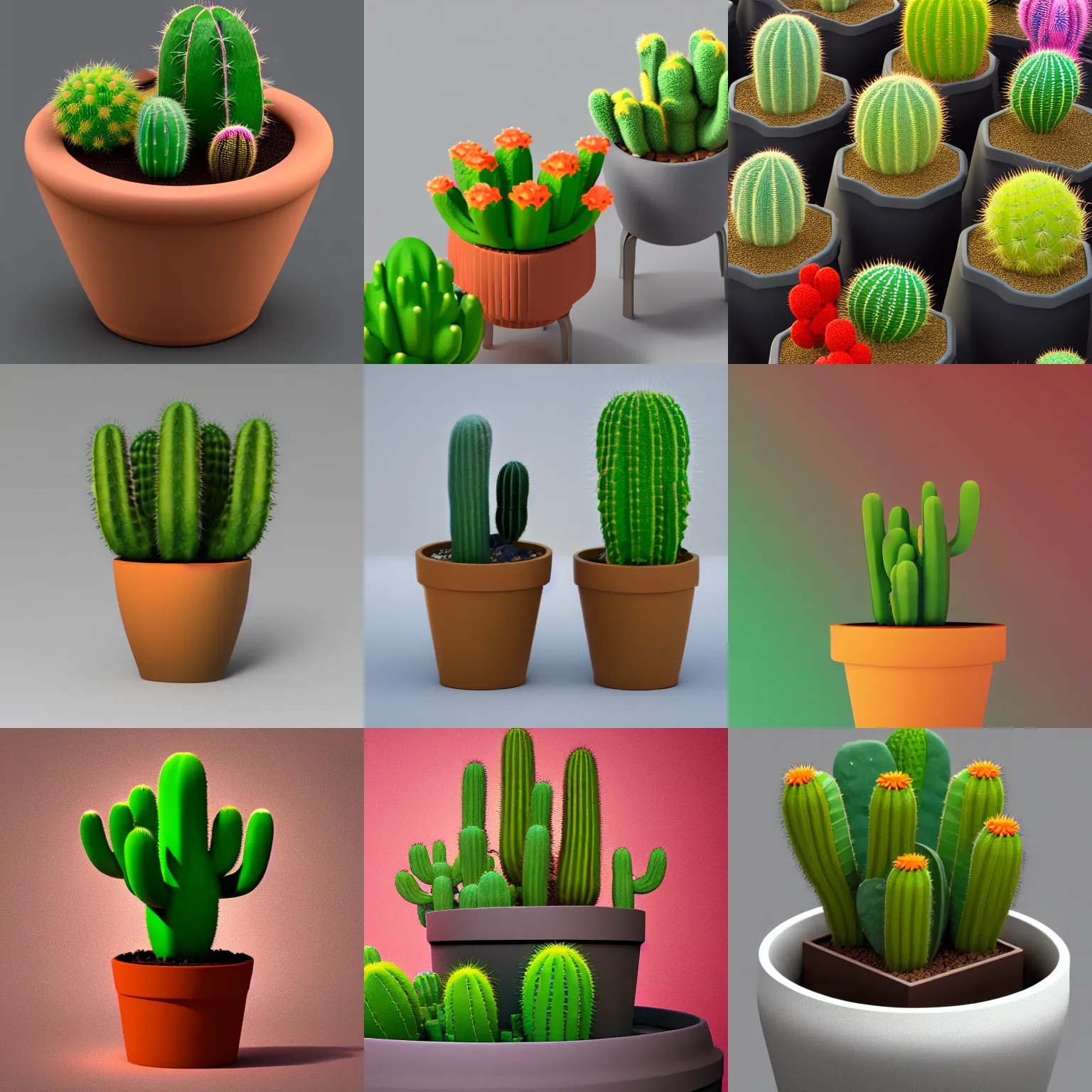 Prompt: a isometric macro 3 d render of flower pot with different cactus, sss, sub surface scatering, soft light, warm colors, hyper detailed, blurred background, octane, blurred, trending artstation