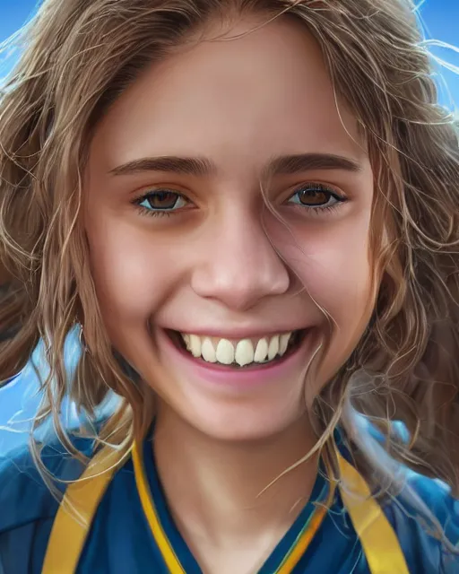 Image similar to close up portrait of 1 5 - year - old girl, smile with large front teeth, hermione granger, very bushy brown hair, and very bright brown eyes, wearing white shirt, hyper realistic face, beautiful eyes, character art, art by mark brooks, hyperdetailed, cryengine, trending on artstation, digital art