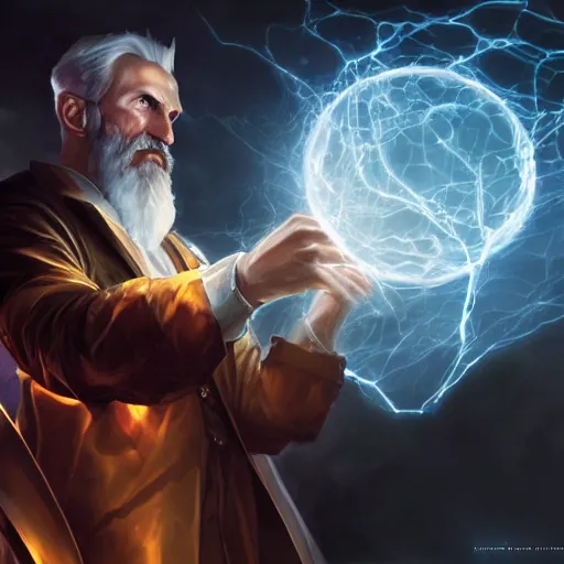 Image similar to portrait of nikola tesla as zeus, league of legends amazing splashscreen artwork, fantasy, splash art, natural light, elegant, photorealistic facial features, intricate, fantasy, detailed face, atmospheric lighting, anamorphic lens flare, cinematic lighting, league of legends splash art, hd wallpaper, ultra high details by greg rutkowski