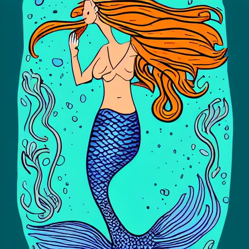 Prompt: A mermaid in the sea, professional cartoon drawing, digital vector art.