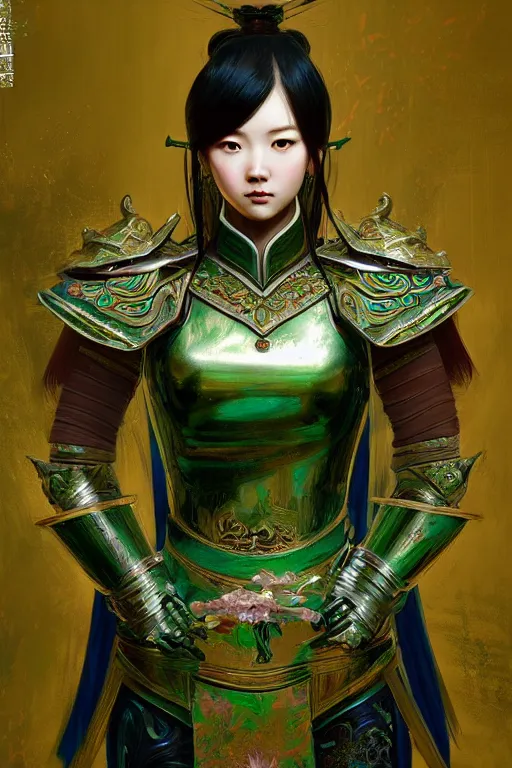 Image similar to portrait young knights of Dynasty Warriors girl, metallic green armor, in ruined hǔ láo guān, ssci-fi and fantasy, intricate and very beautiful and elegant, highly detailed, digital painting, artstation, concept art, smooth and sharp focus, illustration, art by tian zi and WLOP and alphonse mucha