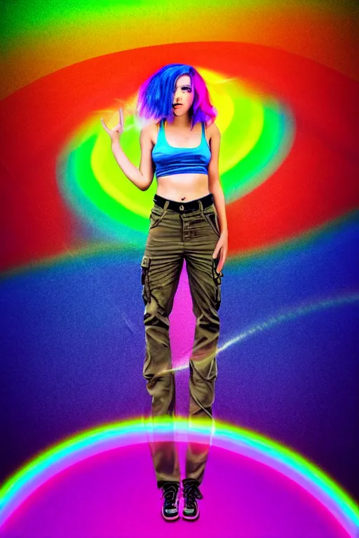 Image similar to a award winning half body portrait photograph of a beautiful woman with stunning eyes in a croptop and cargo pants with rainbow colored hair, routlined by whirling illuminated neon lines, fine rainbow colored lines swirling in circles, outrun, vaporware