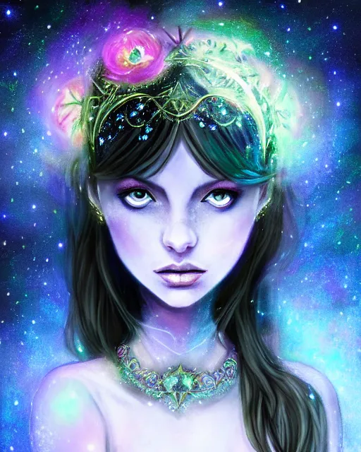 Prompt: Nocturne, glowing, stars, a portrait of a beautiful female shadow djinn with jeweled collar, long hair, glowing eyes, flower crown, white dress, headshot, hyper realistic, pale skin, 4k, rule of thirds, beautiful eyes, extreme detail, detailed drawing, trending artstation, hd, fantasy, D&D, realistic lighting, by Alphonse Mucha, Greg Rutkowski, sharp focus, backlit, elegant