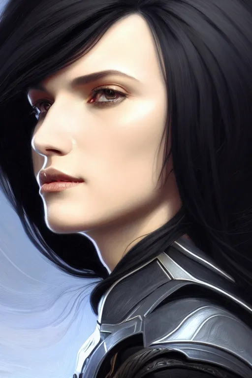 Prompt: portrait of a long black haired woman in the style of mass effect on stage in front of a crowd, leather trench coat, intricate, elegant, highly detailed, digital painting, artstation, concept art, smooth, sharp focus, illustration, art by artgerm and greg rutkowski and alphonse mucha, 8 k