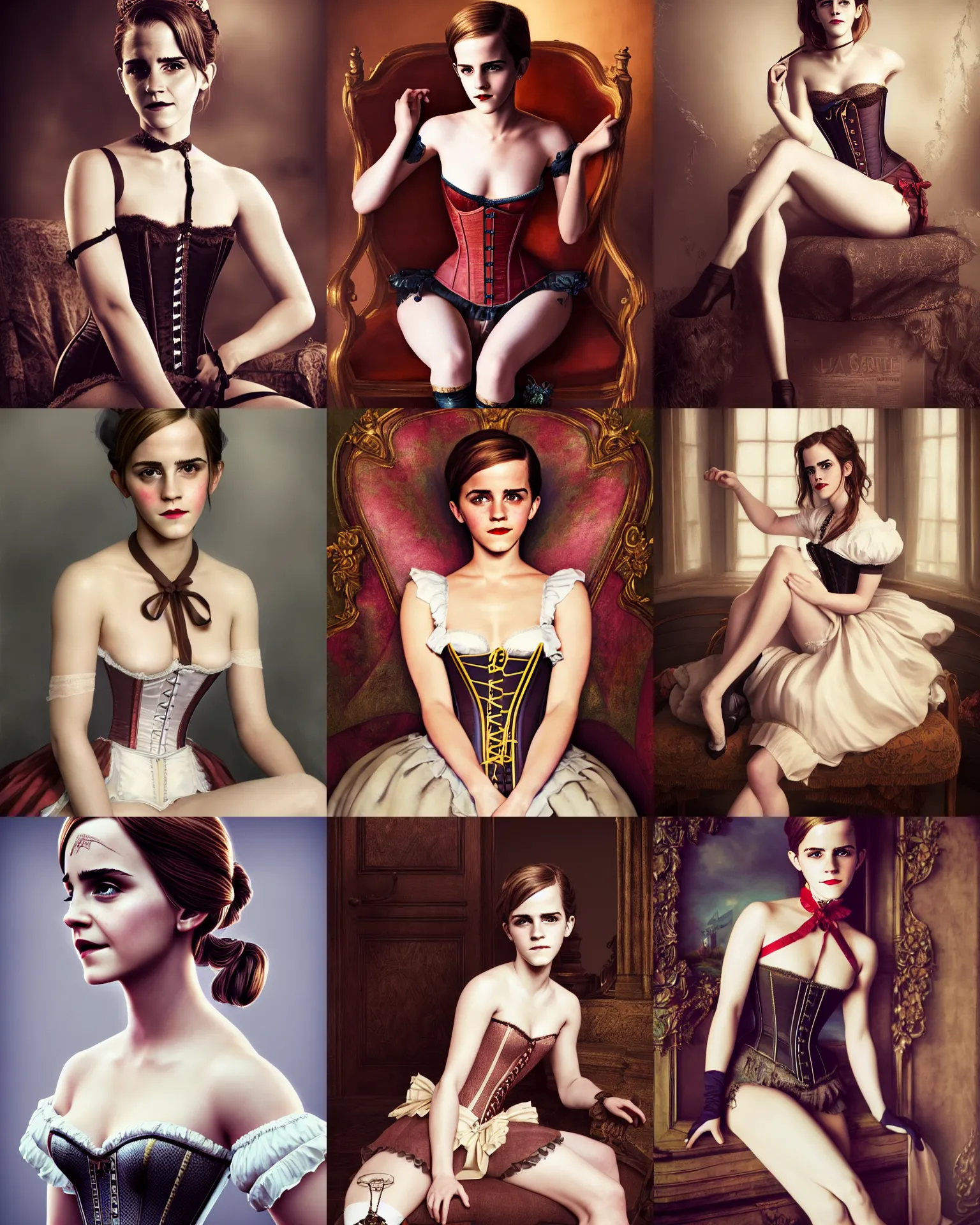 Prompt: full shot portrait painting of very beautiful emma watson sitting as maiden in stockings corset bondage home mistress, character design by mark ryden and pixar and hayao miyazaki, unreal 5, daz, hyperrealistic, octane render, cosplay, rpg portrait, dynamic lighting, intricate detail, cinematic