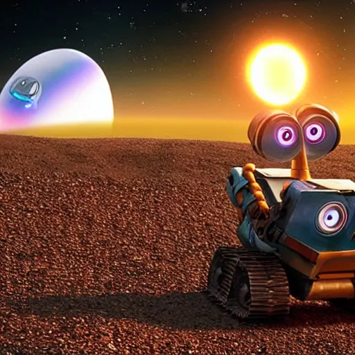 Prompt: eva and wall-e holding hands looking at the meteor that is going to destroy the world