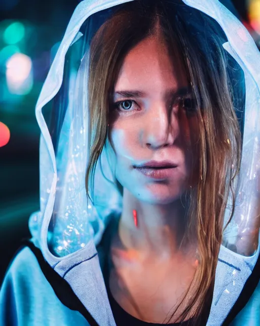 Prompt: a closeup portrait of as beautiful young woman wearing a transparent wet hoody standing in the middle of a busy night road, with lots on neon lights on the background, very backlit, moody feel, dramatic