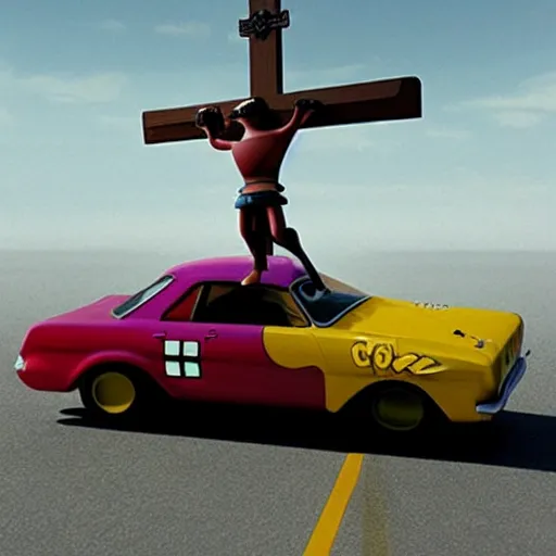 Prompt: car jesus christ on the cross crucifixion as a car, as a car from the movie pixar's cars 2,