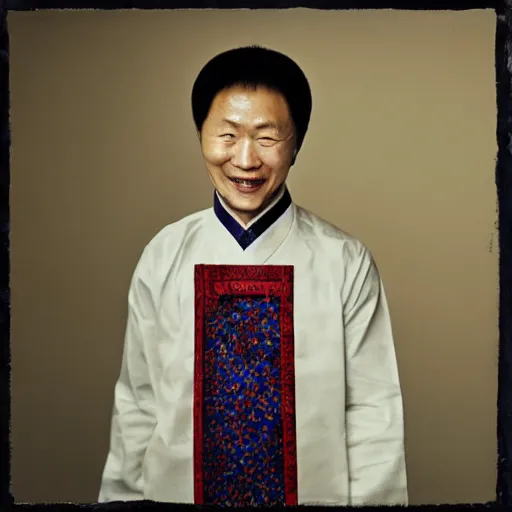 Image similar to realistic photography by araki nobuyoshi of wearing traditional ukrainian shirt designed by taras shevchenko smiling kim chen