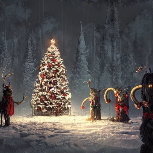 Prompt: a lonely christmas tree surrounded by krampus like monsters, nighttime, dark, surroundings are illuminated by the christmas tree, eerie, in the style of craig mullins