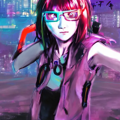 Prompt: portrait of the tokyo - ghoul masked joyful adolescent tiktoker girl aurora, purple dawn in neon santiago of chile on the background, concept art by yoji shinkawa, ryuichi sakamoto, esao andrews and yoshitaka amano