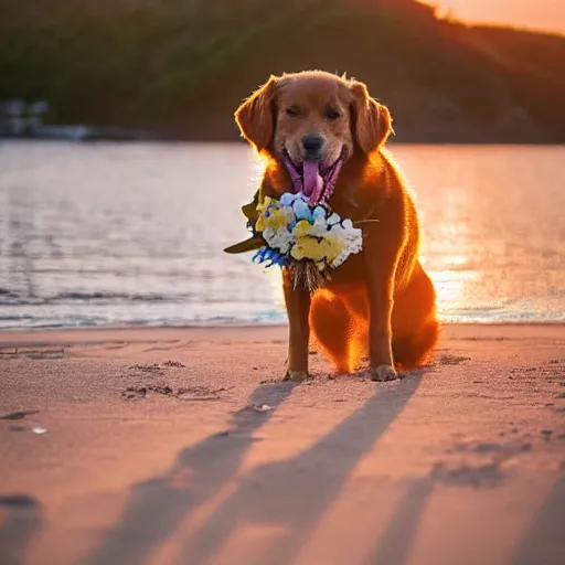 Prompt: a dog bringing a flower bouquet at its mouth, beach scenery, golden hour, sunset