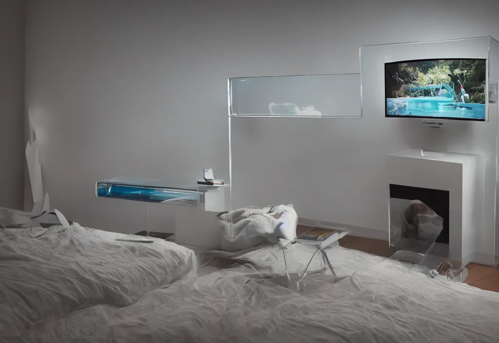 Image similar to curved transparent 3 dtv shark popping out of tv, volumetric lighting, bedroom, visor, users, pair of keycards on table, bokeh, creterion collection, shot on 7 0 mm, instax