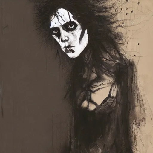 Prompt: gaunt ( the cure fan ) as dream from sandman, by jeremy mann, by cedric peyravernay, by ben templesmith, by dave mckean and richard avedon, dramatic lightning, sadness, closed eyes, dark eye sockets, in the shadows, black t - shirt, 1 9 8 0's, punk rock, gothic, high detailed, 8 k